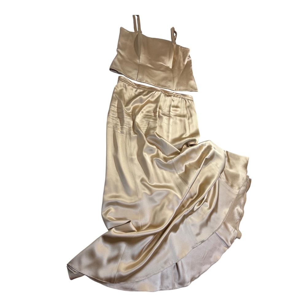 Gold Champagne Satin 2-Piece Formal Set Corset Tank Maxi Skirt Gala Wedding